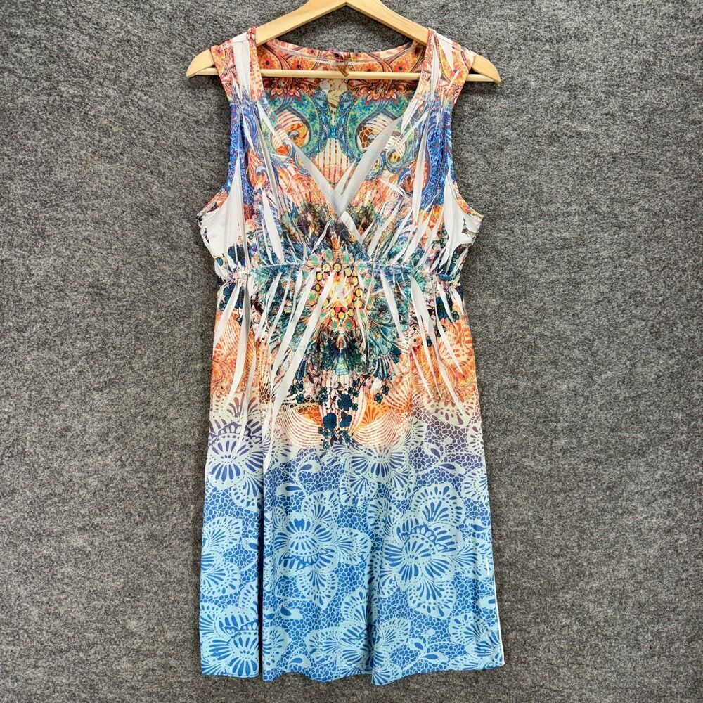 Kiara Dress Women M Medium Blue Geometric Sheath Midi V-Neck Sleeveless Casual